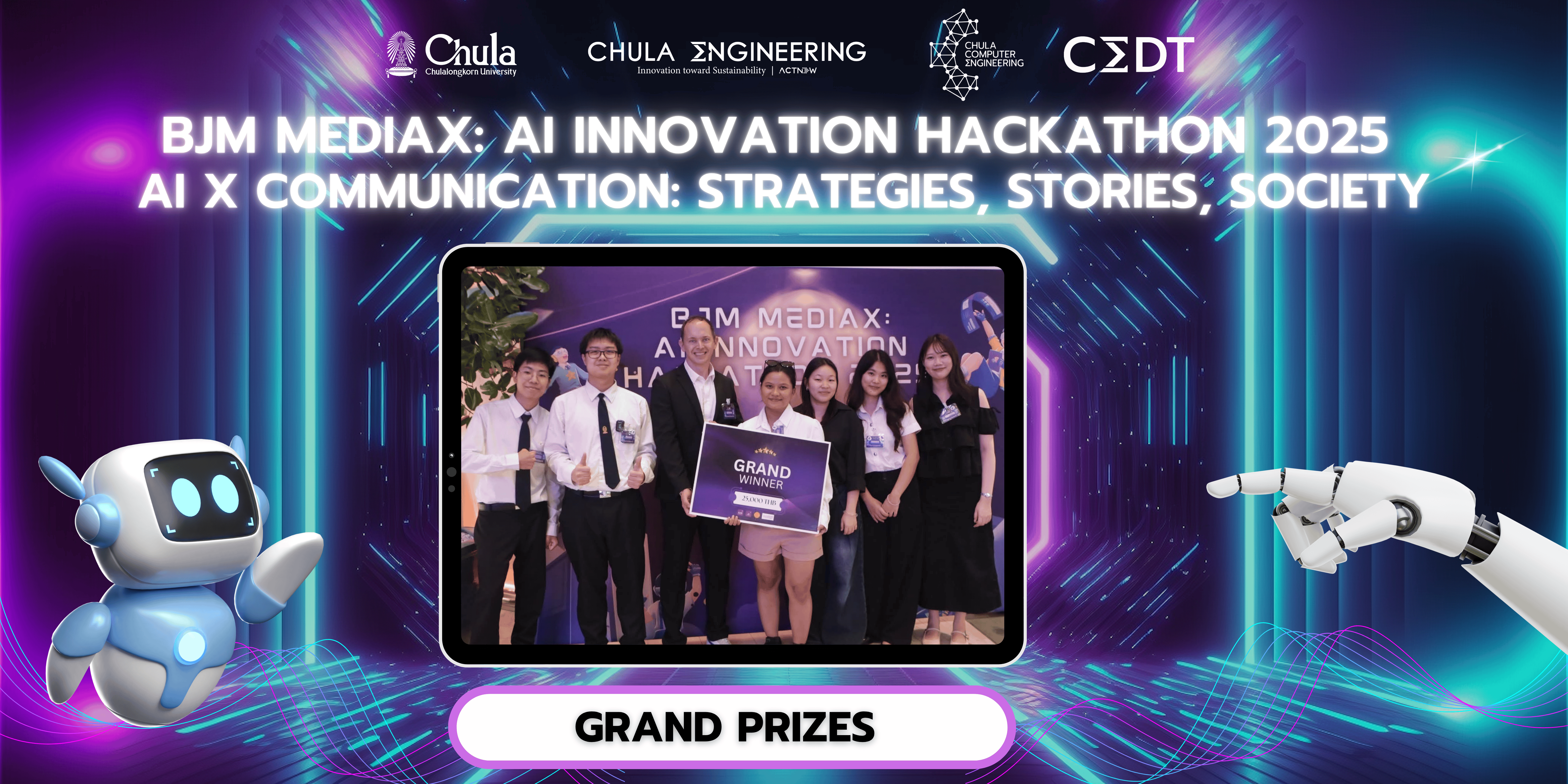 The Department of Computer Engineering, Faculty of Engineering, Chulalongkorn University, would like to extend its warmest congratulations to the students from the Computer Engineering and Digital Technology program for their outstanding achievement in the BJM MediaX: AI Innovation Hackathon 2025 – AI x Communication: Strategies, Stories, Society contest.
