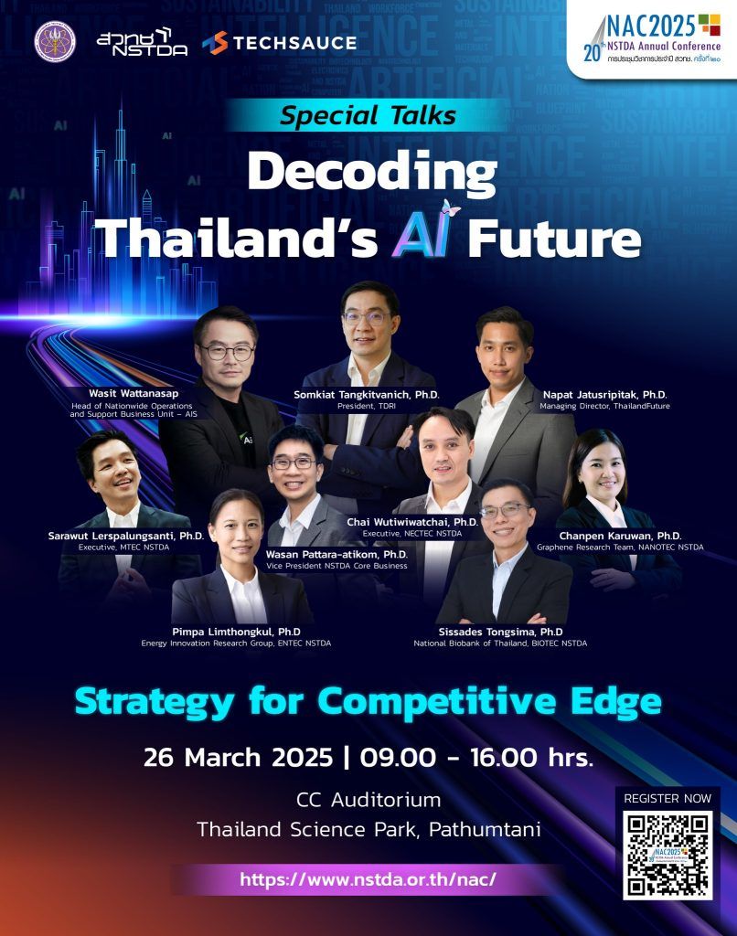 ข่าวฝากประชาสัมพันธ์จาก สำนักงานพัฒนาวิทยาศาสตร์และเทคโนโลยีแห่งชาติ (สวทช.)ขอเชิญร่วมงานประชุมวิชาการประจำปี สวทช. ครั้งที่ 20ภายใต้หัวข้อ “ขับเคลื่อนวิทยาศาสตร์และเทคโนโลยีด้วย AI เพื่อประเทศไทยที่ยั่งยืน” (AI-driven Science and Technology for Sustainable Thailand) - รูปภาพที่ 1