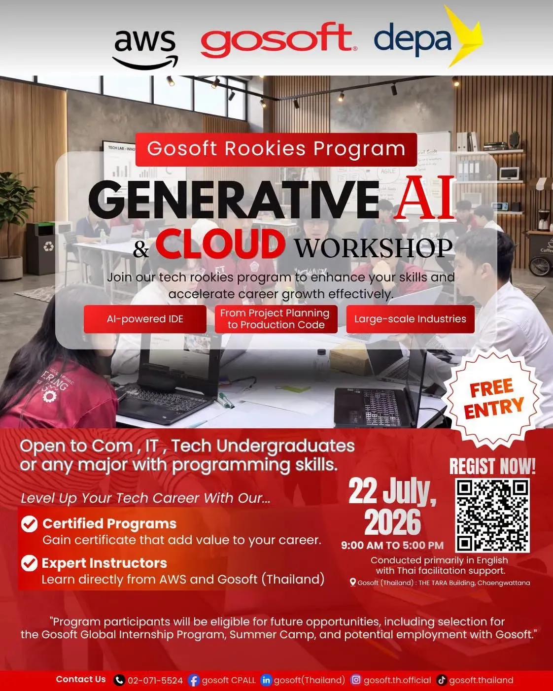 [ENG below] นักศึกษาสาย Tech ห้ามพลาด! สมัครเข้าร่วม Generative AI & Could Workshop 2026 โดย Gosoft x AWS x depa