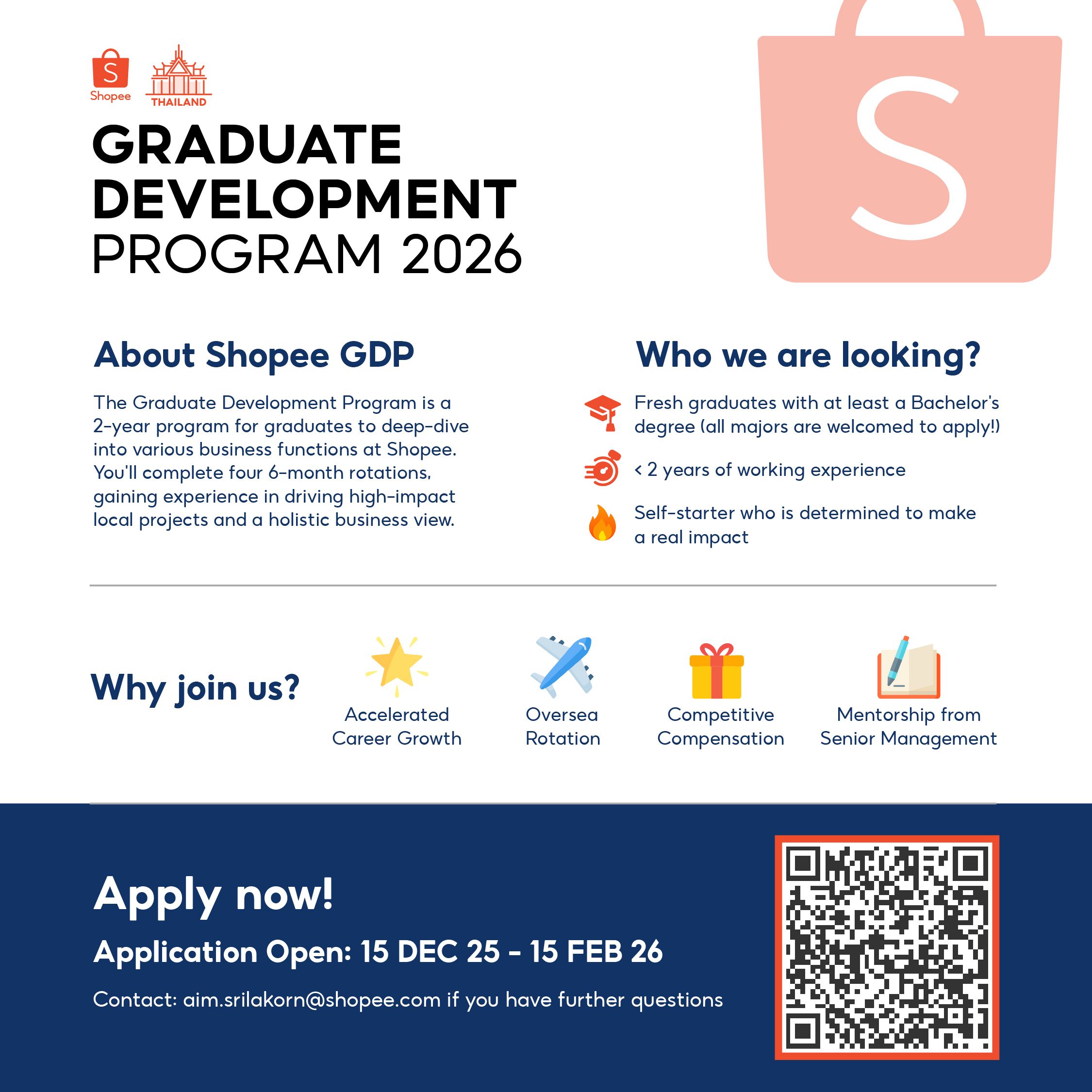 ข่าวฝากประกาศจาก Shopee Thailand "🎓 รับสมัคร นิสิตชั้นปีสุดท้าย หรือบัณฑิตจบใหม่/มีประสบการณ์ทำงานไม่เกิน 2 ปี (ทุกสาขา)🗓 เปิดรับสมัครตั้งแต่วันนี้ – 15 ก.พ. 2569 เท่านั้น! "